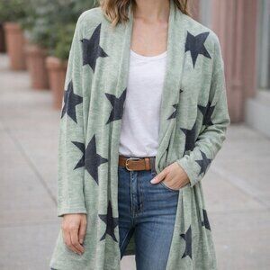 Phil Love Star Print Open Front Cardigan | Sage Green | Made in USA | Medium
